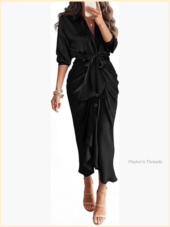 Dresses & Skirts - Long Sleeve V Neck Button Down Belted Ruched Satin Maxi Shirt Dress